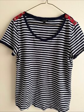 2 for$20. Talbots Navy and White Striped Short Sleeve Tee with Red Shoulder Tabs